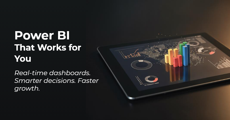 Clean, modern Power BI dashboard mockup layered over a transparent city skyline with glowing data connections.