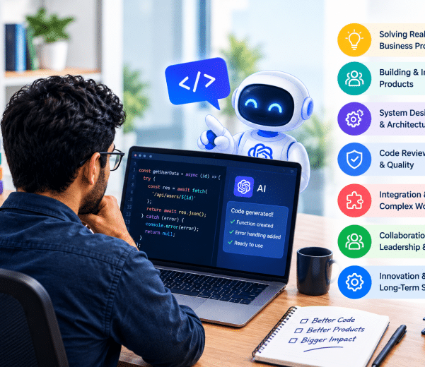 Enterprise engineering team using AI-assisted development tools while focusing on architecture, problem-solving, and delivery outcomes.