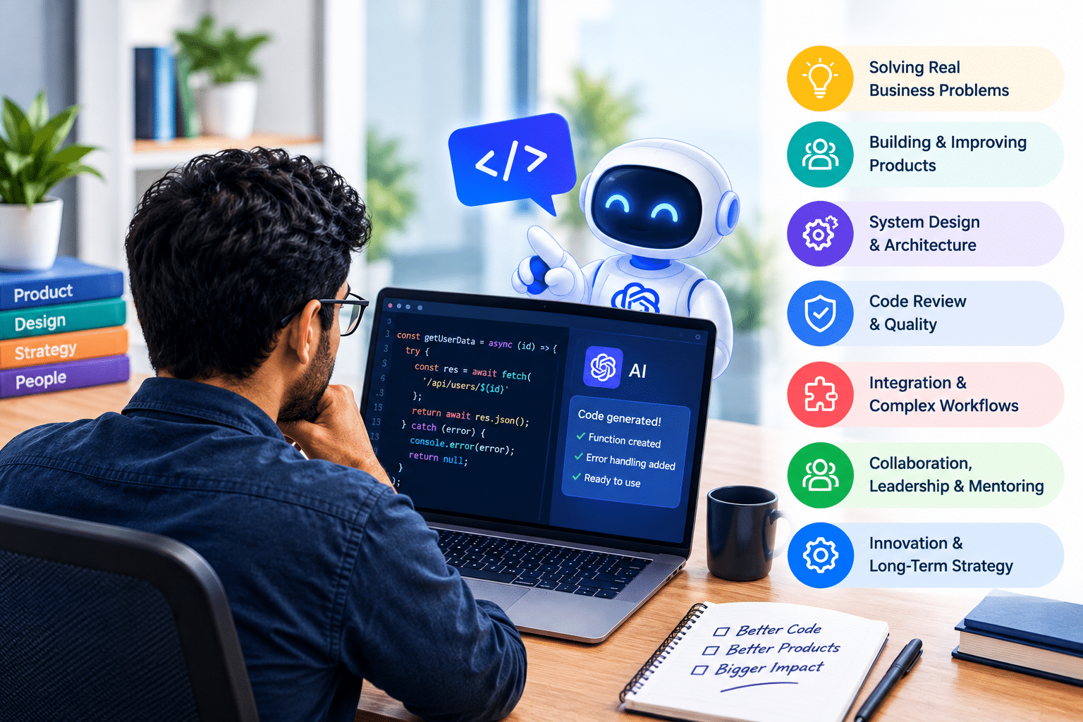 Enterprise engineering team using AI-assisted development tools while focusing on architecture, problem-solving, and delivery outcomes.