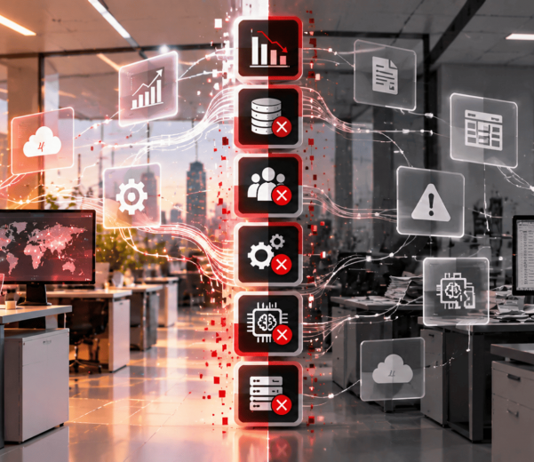 Leaders reviewing six signs of a stalled digital transformation strategy, including weak outcomes, disconnected data, unclear governance and legacy-system constraints.