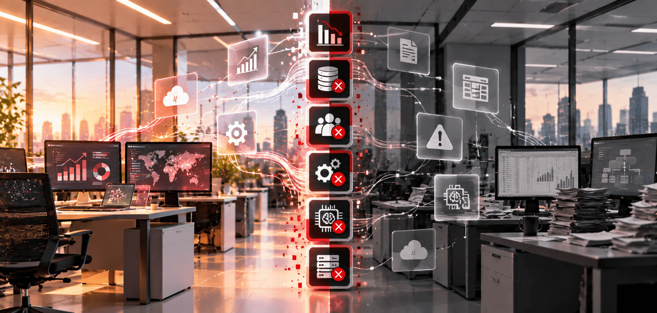 Leaders reviewing six signs of a stalled digital transformation strategy, including weak outcomes, disconnected data, unclear governance and legacy-system constraints.