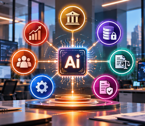 Enterprise AI governance operating model showing executive, business, technology, data, security, legal and privacy responsibilities