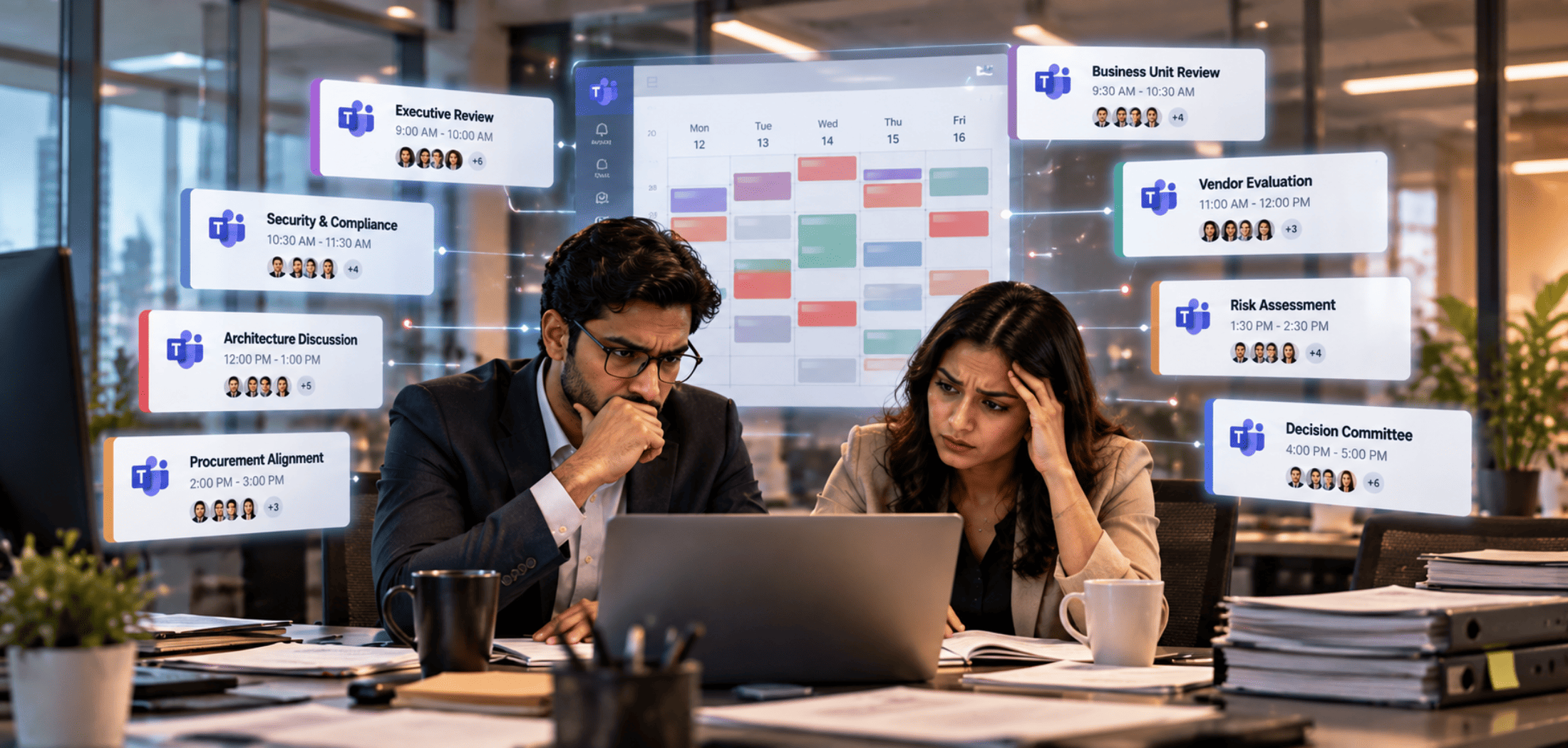 Enterprise leadership team reviewing technology initiatives across business units, governance teams, and vendors while managing strategic decision-making processes.
